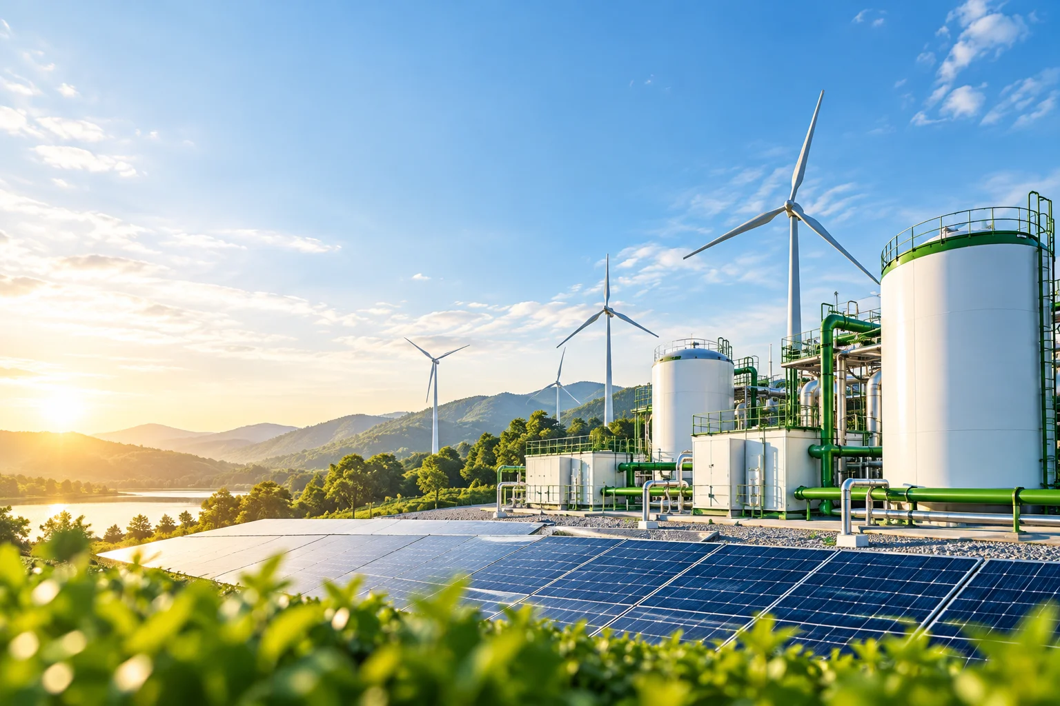 Green hydrogen production facility panorama at sunrise